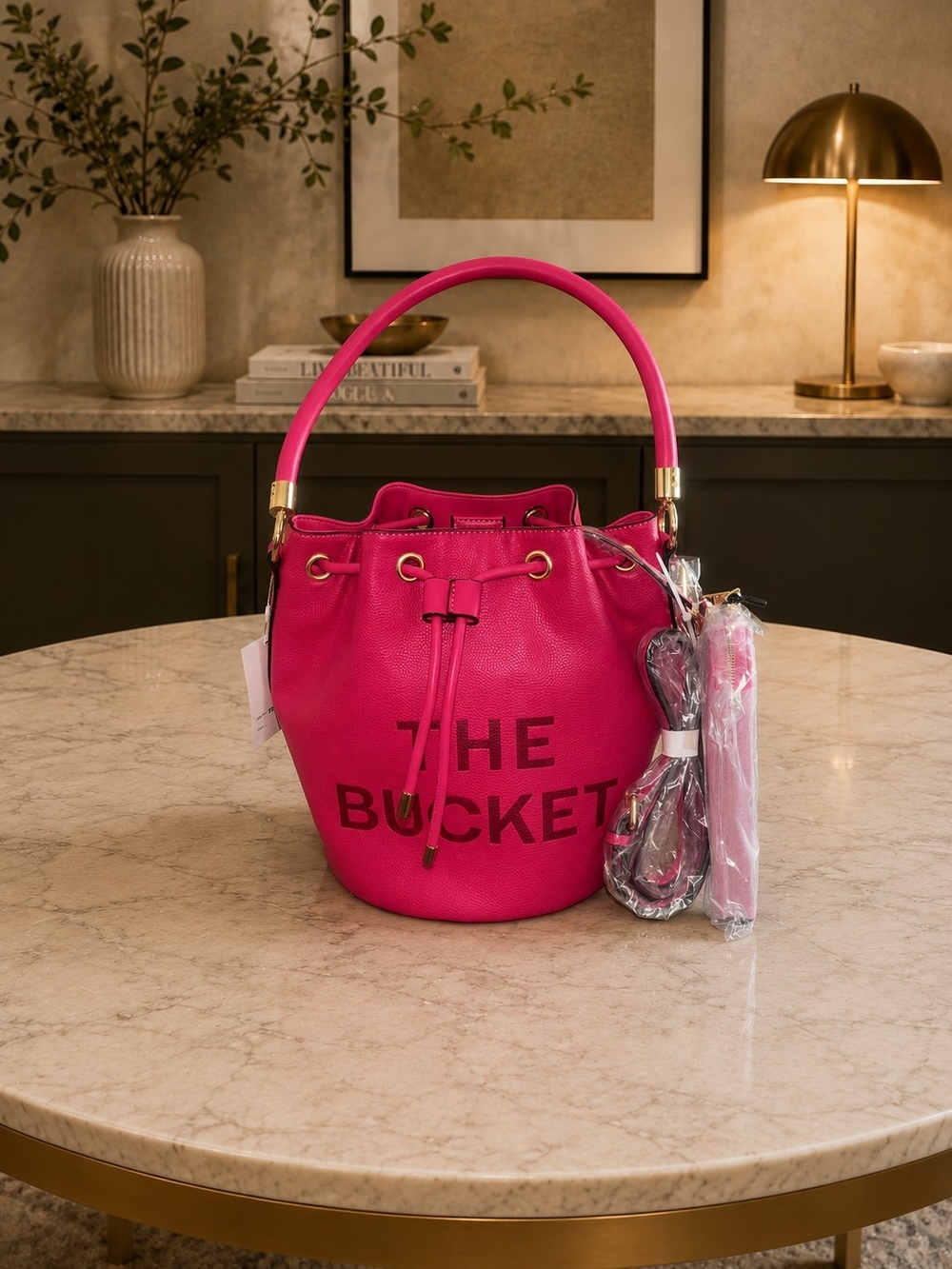 Brand New - Hot Pink 'THE BUCKET' Drawstring Bag with Matching Wallet